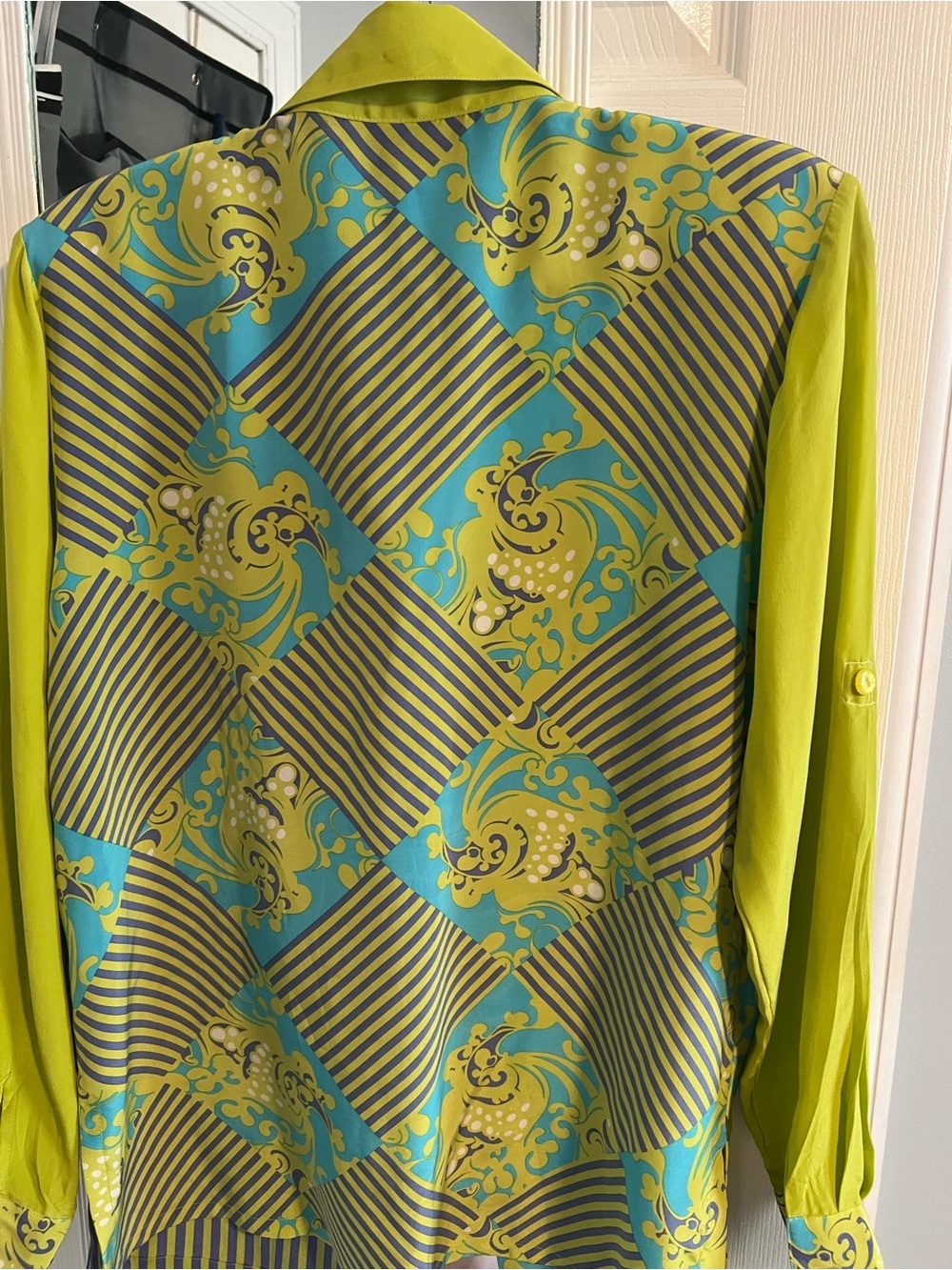 Women Lime Green and Turquoise Mixed-Print Shirt - Picture 4 of 5